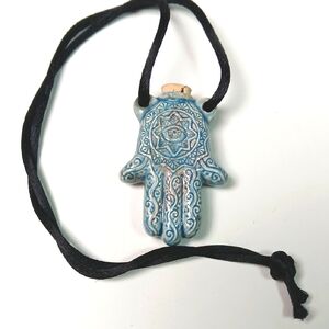 🔮 Blue Glazed Hamsa Perfume Bottle Pendant Porcelain Amulet Necklace